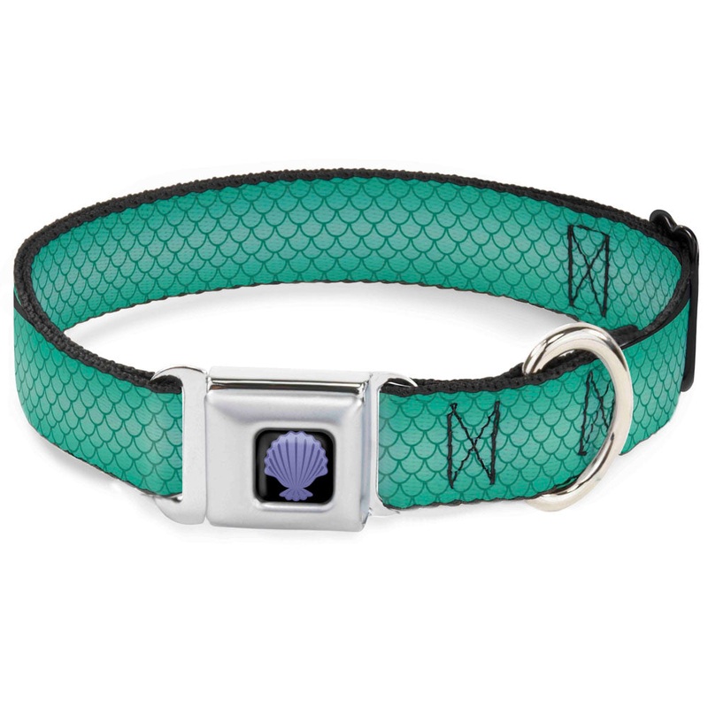 Little Mermaid Clam Shell Full Color Black/Purples Seatbelt Buckle Collar - Ariels Scales Turquoise Blues