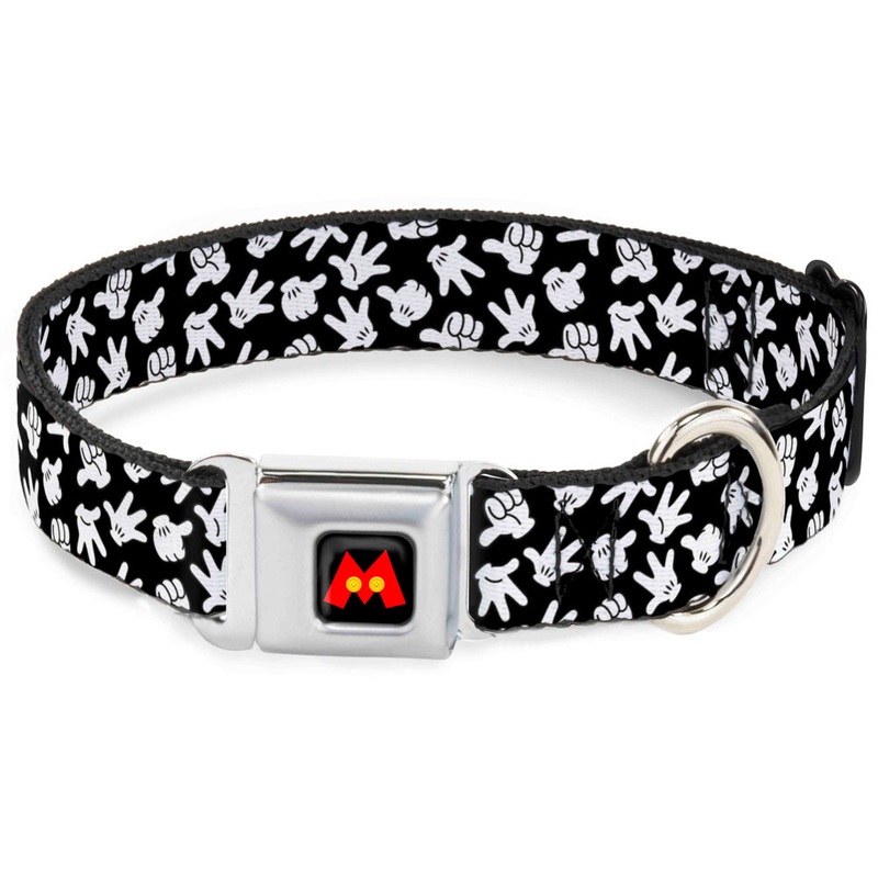 Mickey Mouse M Icon Full Color Black/Red/Yellow Seatbelt Buckle Collar - Mickey Mouse Hand Gestures2 Scattered Black/White