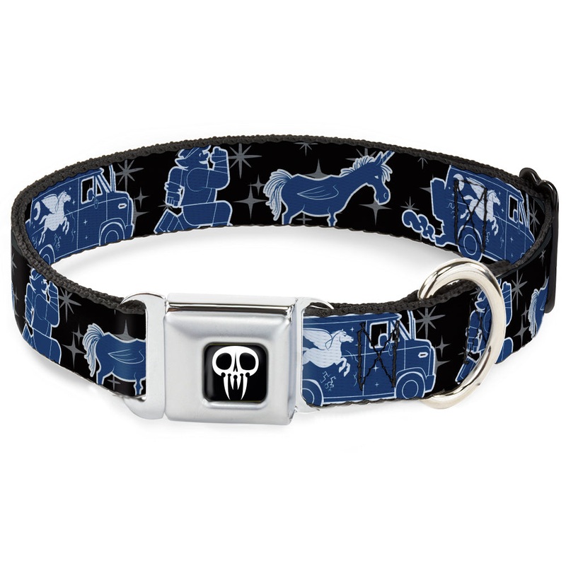Onward Skull Icon Full Color Black/White Seatbelt Buckle Collar - Onward Barley/Unicorn/Guinevere Icons/Stars Black/Gray/Blues