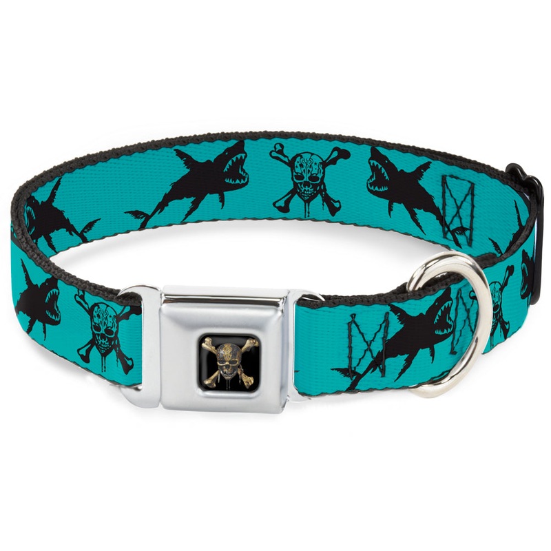 Pirates of The Caribbean Dead Men Tell No Tales Skull Icon Full Color Black Seatbelt Buckle Collar - Pirates Skull & Crossbones/Sharks Turquoise/Black
