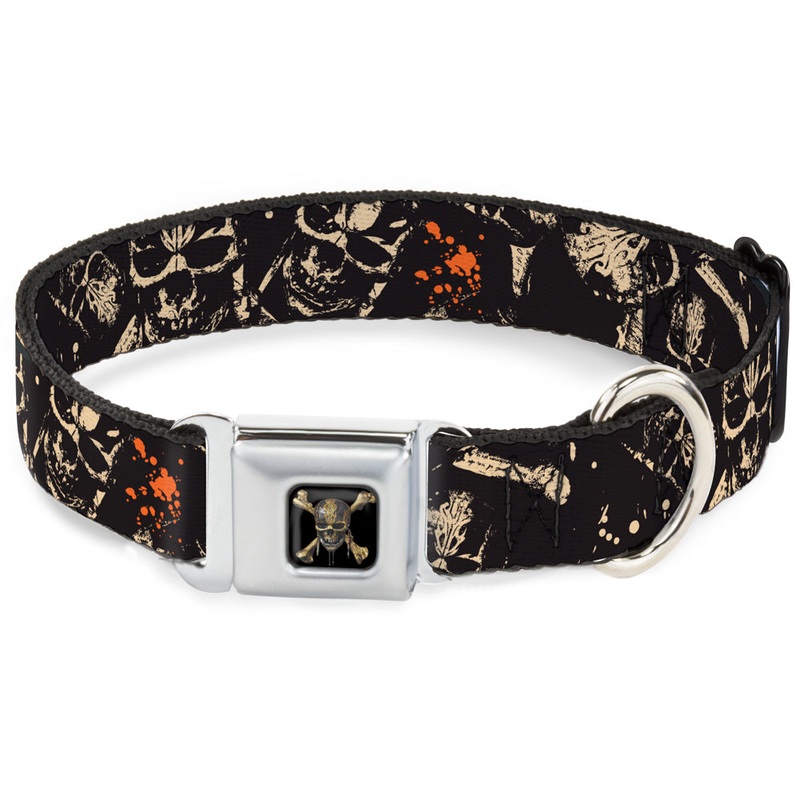 Pirates of The Caribbean Dead Men Tell No Tales Skull Icon Full Color Black Seatbelt Buckle Collar - Pirates Skulls Scattered/Splatter Black/Tan/Red