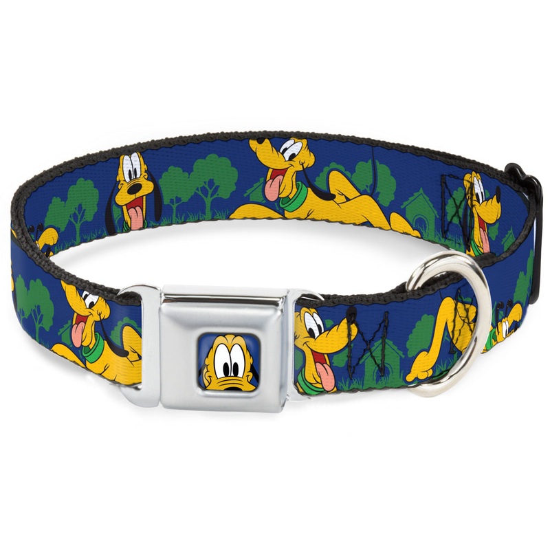 Pluto Face CLOSE-UP Blue Seatbelt Buckle Collar - Pluto 4-Poses/Landscape Blue/Green