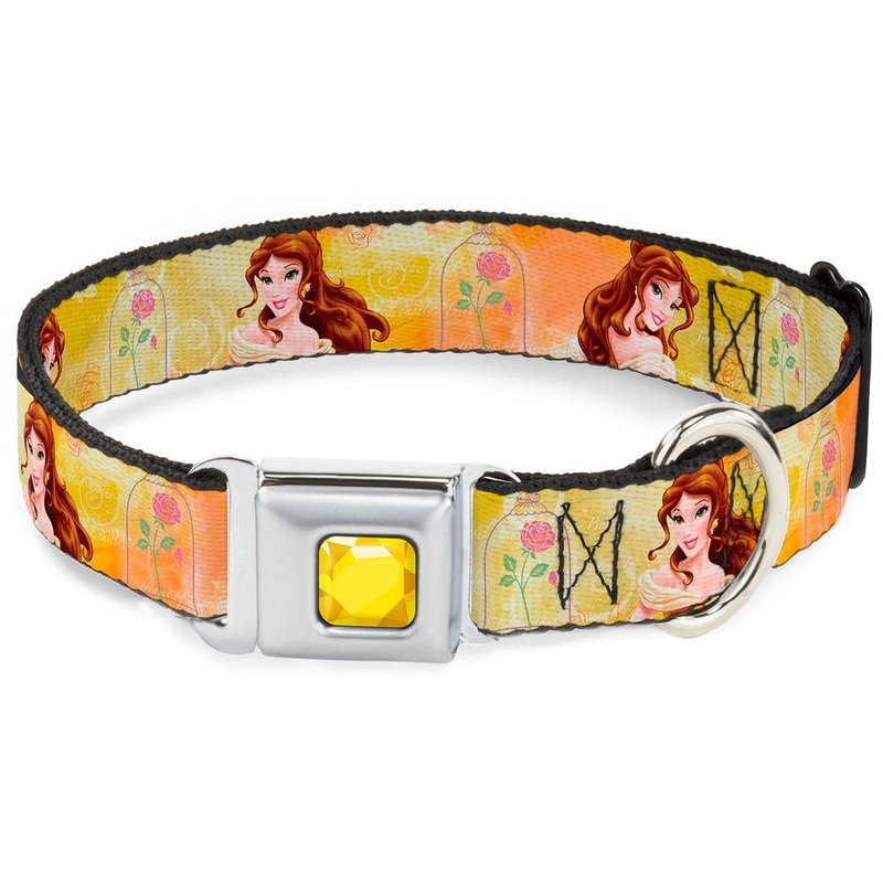 Princess Gem CLOSE-UP Full Color Yellow Seatbelt Buckle Collar - Belle Poses/Enchanted Rose/Story Script Yellow/Pinks