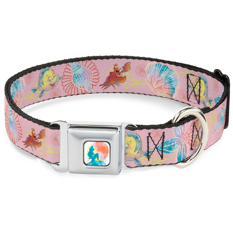 The Little Mermaid Ariel Silhouette Pose Full Color White/Multi Color Seatbelt Buckle Collar - The Little Mermaid Flounder and Sebastian Under the Sea Greens