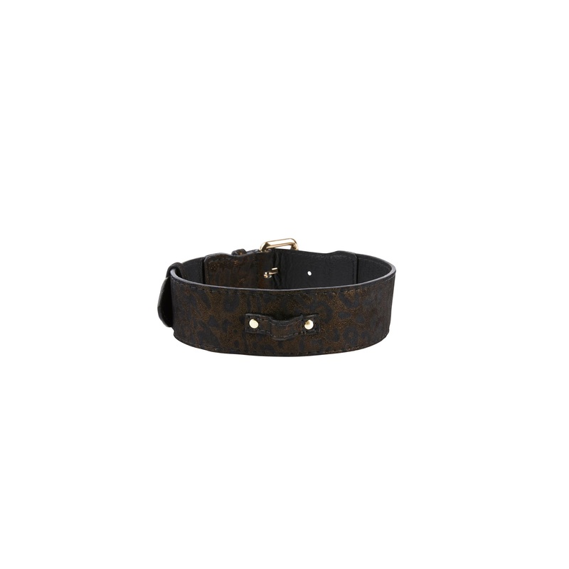 Dark Brown/Bronze Abstract Leopard Print Italian Leather Collar With Classic Hardware