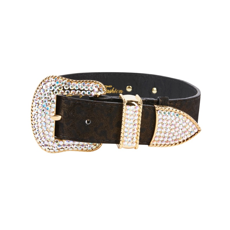 Dark Brown/Bronze Abstract Leopard Print Italian Leather Collar With Swarovski Crystal Hardware
