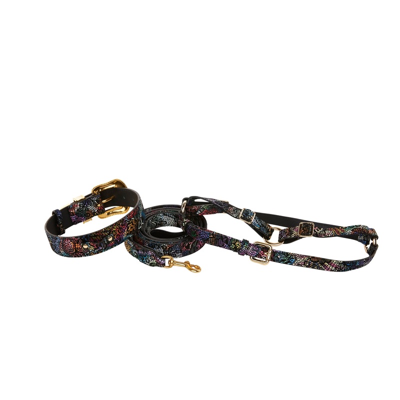Floral/Lace Embossed Italian Leather Swarovski Crystal Hardware Collar, Leash, Harness Set
