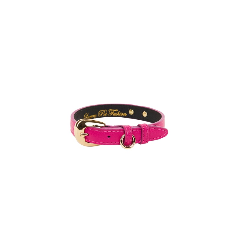 Fuchsia Pink Italian Leather Collar With Gold Oval Hardware