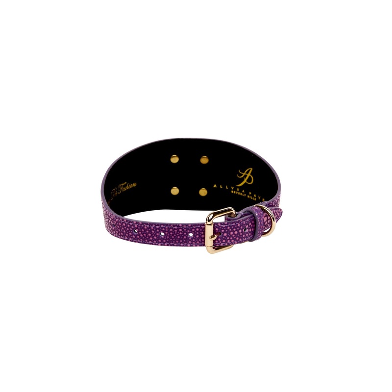 Purple & Pink Embossed Stingray Print Italian Leather 3 Wide Style Collar With Large Custom Gold Rivet