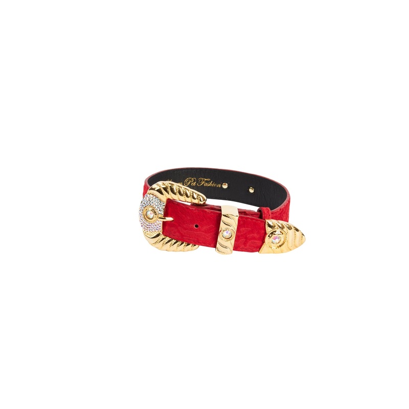 Red Hair On Hide Italian Leather Collar With Ornate Swarovski Hardware