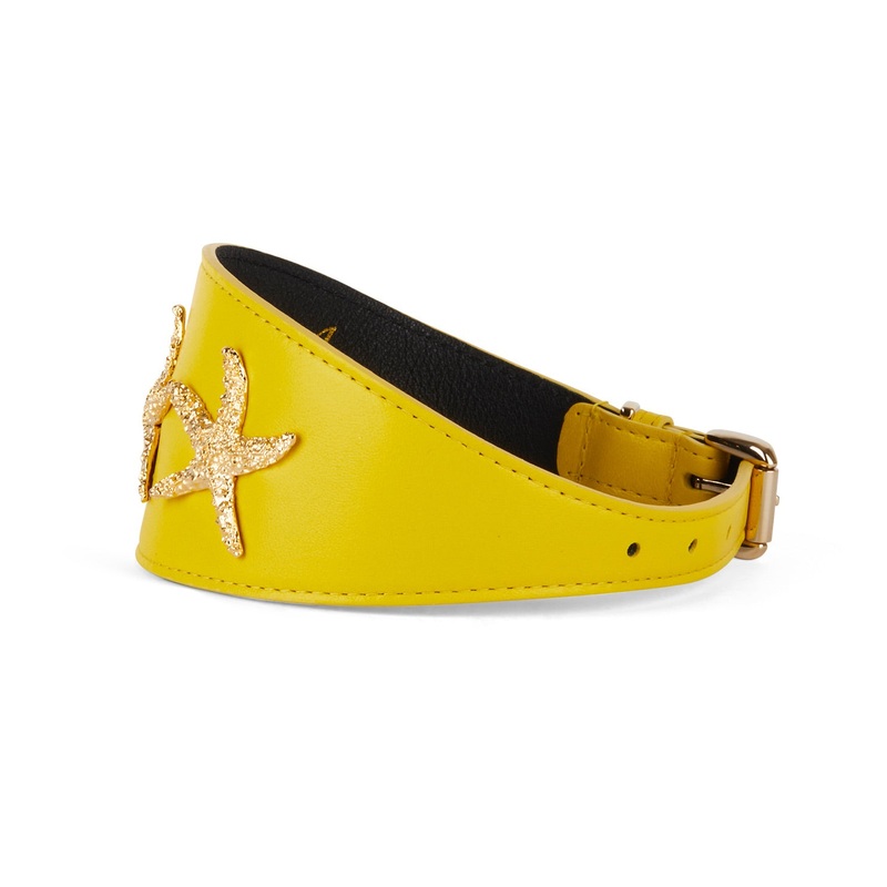Smooth Yellow Italian Leather 3 Wide Style Collar With Custom Gold Starfish