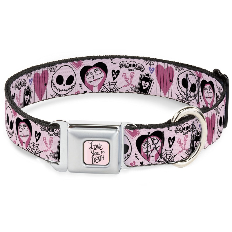 The Nightmare Before Christmas LOVE YOU TO DEATH Full Color Pink/Black Seatbelt Buckle Collar - The Nightmare Before Christmas Jack and Sally Doodles Pinks/Black