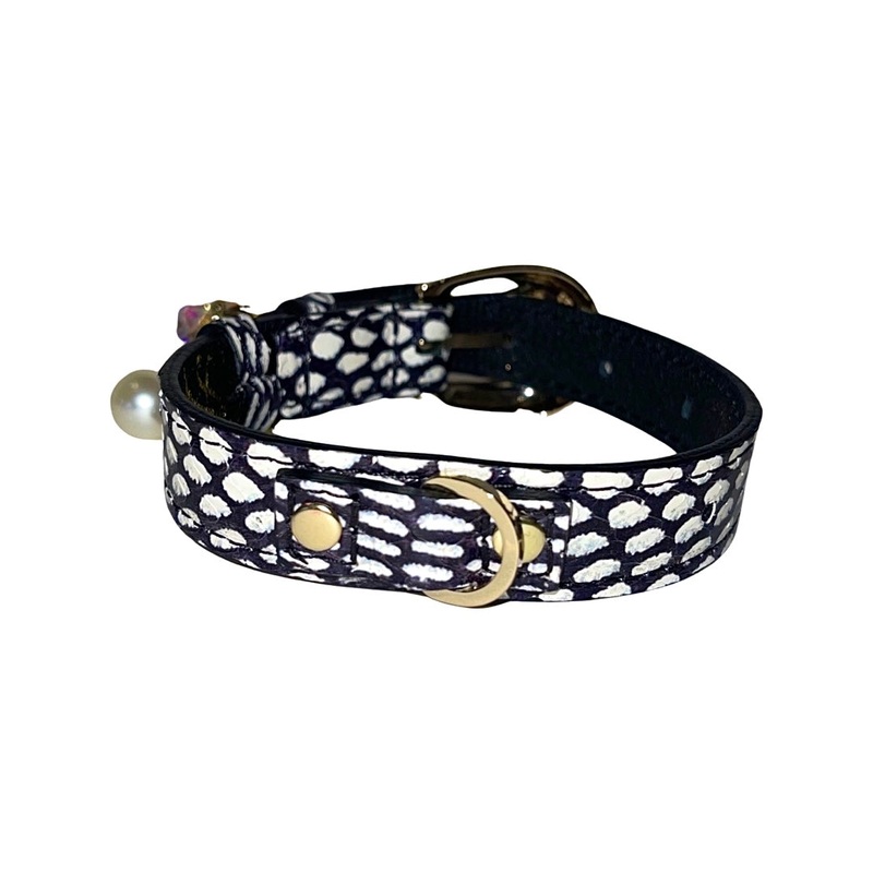 XS 7-14 White & Navy Polka Dot Snake Collar/Custom Gold Italian Hardware & Our Swarovski Crystal Charm & Pearl