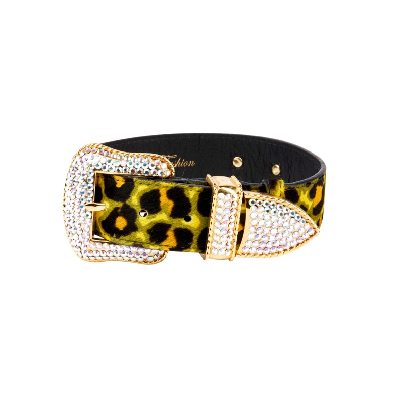 Yellow, Green, Black, Orange Leopard Print Hair On Hide Italian Leather Collar, With Swarovski Crystal Hardware