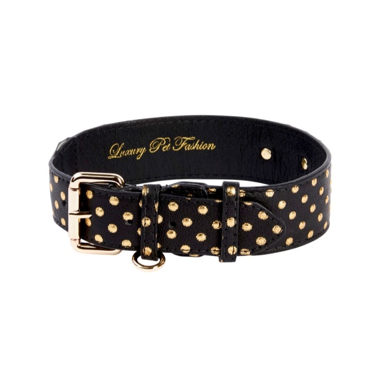 Black & Gold Polka Dot Italian Leather Classic Collar