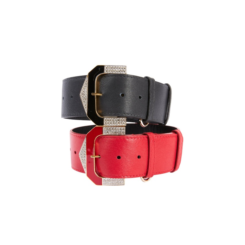 Black Italian Leather & Red Italian Leather Collar Set With Custom Glamorous Italian Hardware