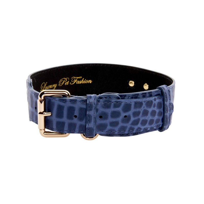 Blue Embossed Croc Italian Leather Collar With Gold Classic Hardware