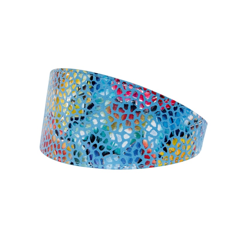 Blue Floral Mosaic Italian Leather 3 Wide Style Collar