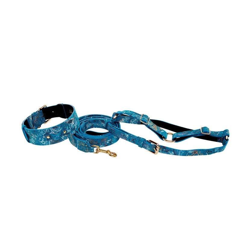 Blue Floral Mosaic Italian Leather/Classic Collar, Leash, Harness Set