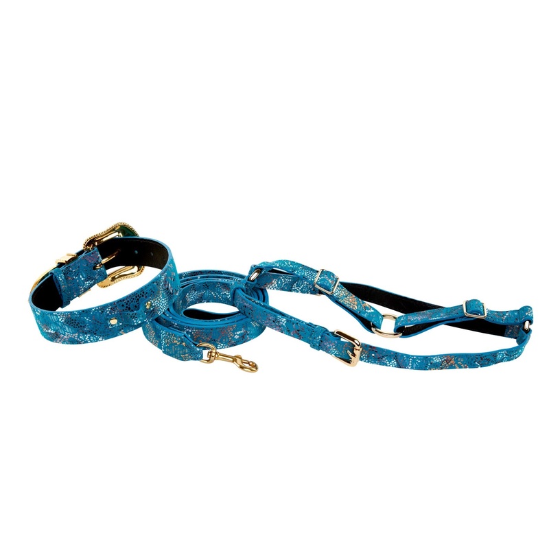Blue Floral Mosaic Italian Leather/Swarovski Collar, Leash, Harness Set