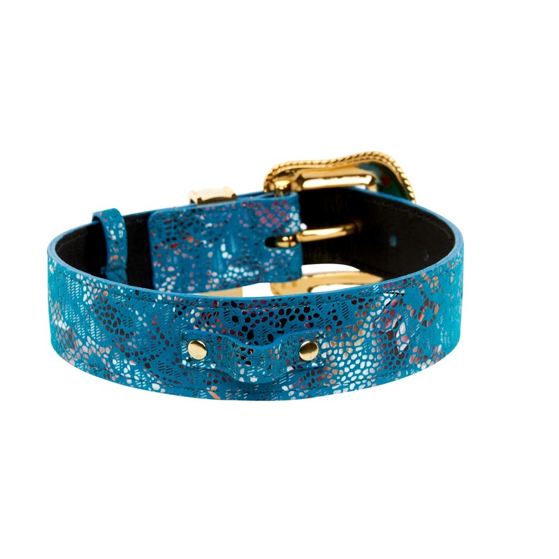 Blue Floral Mosaic Italian Leather/Swarovski Crystal Collar
