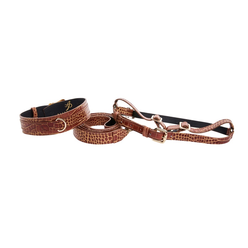 Brown & Gold Embossed Croc Italian Leather 3 piece Italian Hardware Collar, Leash, Harness Set