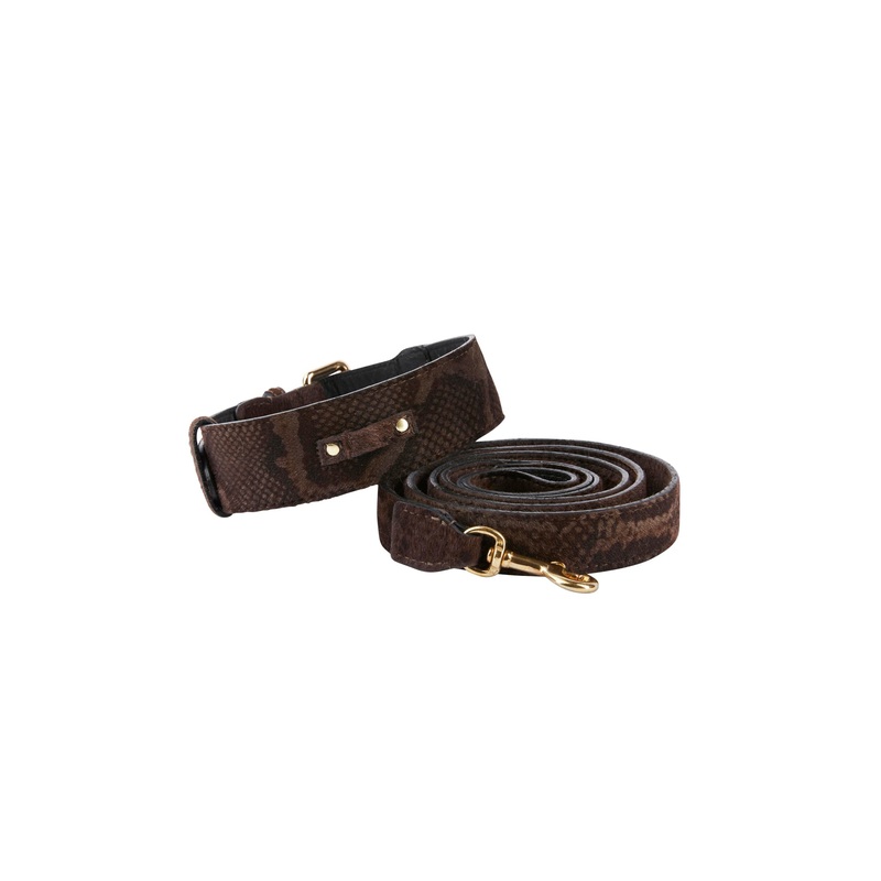 Brown Snake Print Hair On Hide Italian Leather With Classic Hardware Collar & Leash Set