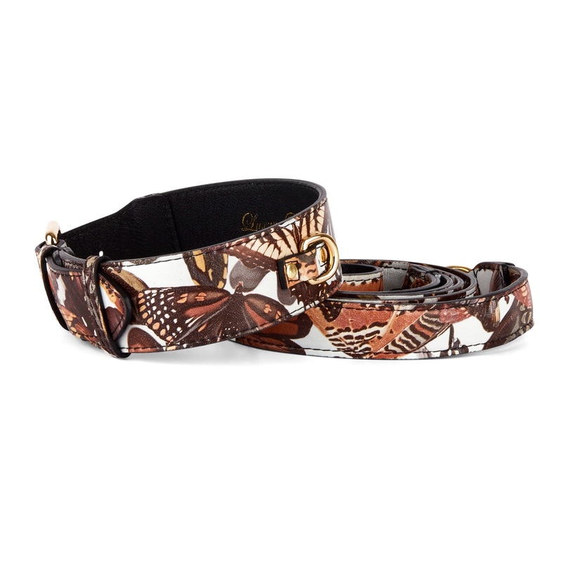 Butterfly Print Italian Leather Classic Collar & Leash Set