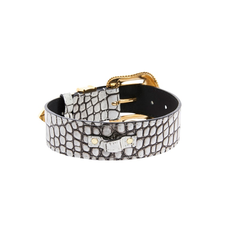 Dark Brown/Off White Embossed Croc Italian Leather Collar With Gold Swarovski Hardware