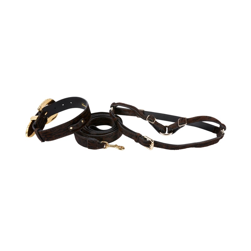 Dark Leopard Hair On Hide Italian Leather, Ornate Italian Swarovski Crystal Hardware Collar, Leash, Harness Set