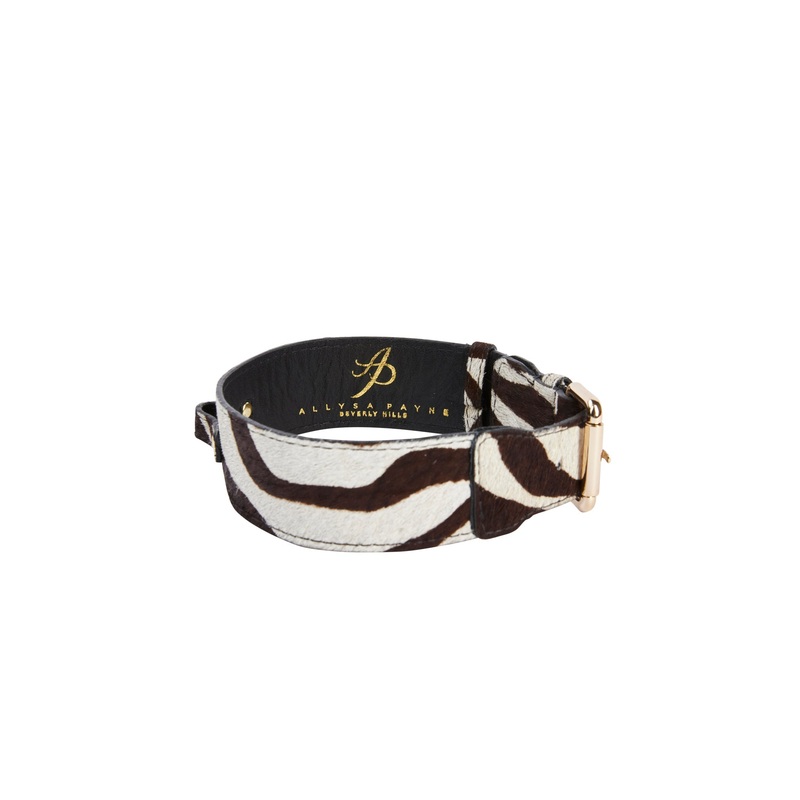 Distressed Brown & White Zebra Print Hair On Hide Classic Collar with Gold Classic Hardware