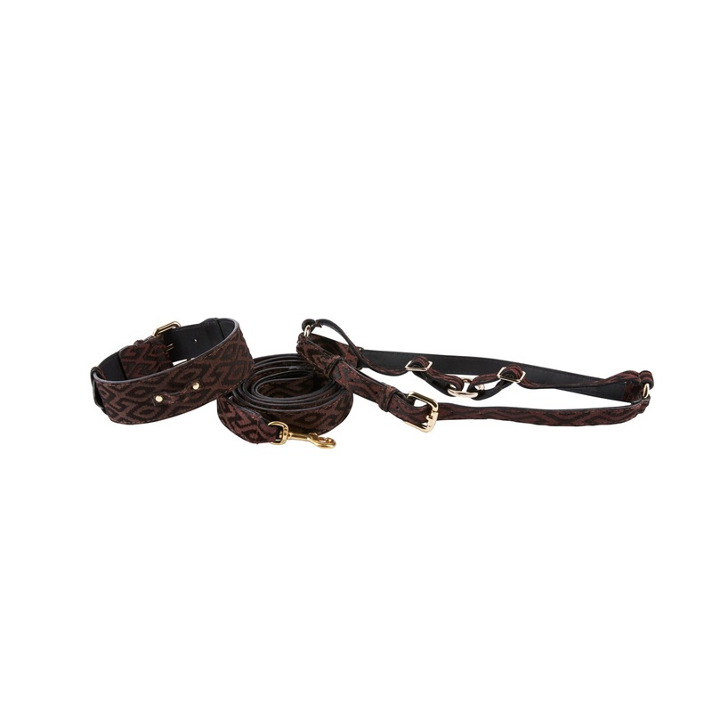 Elegant Black & Brown Pattern Italian Leather Collar With Ornate Italian Swarovski Crystal Hardware Set