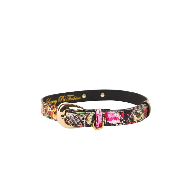 Floral, Scull, Snake Print Italian Leather Collar With Gold Oval Hardware