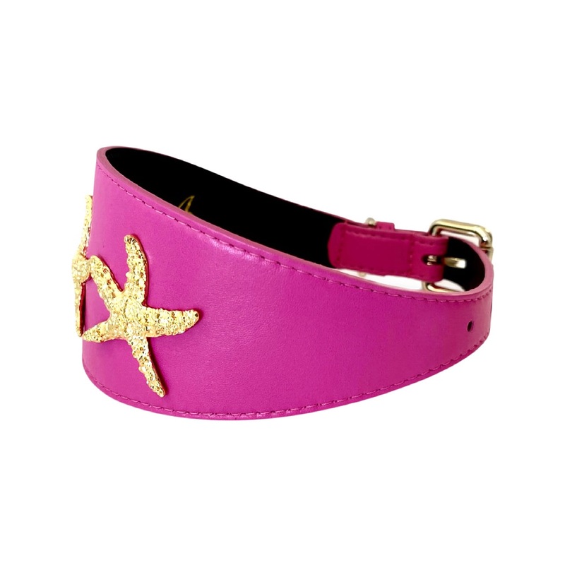 Fuchsia Pink 3 Wide Italian Leather Starfish Collar