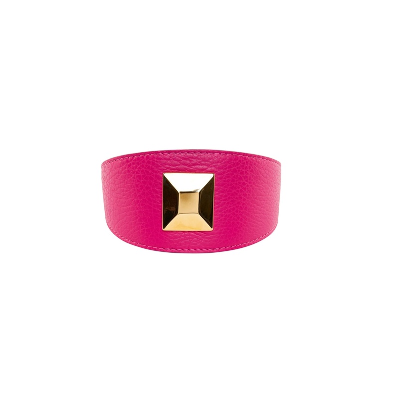 Fuchsia Pink Italian Leather 3 Wide Style Collar With Custom Large Gold Rivet