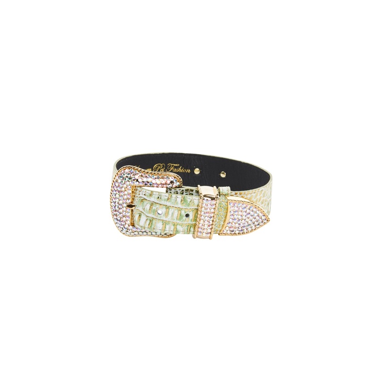 Green & Gold Embossed Croc Italian Leather Swarovski Crystal Collar