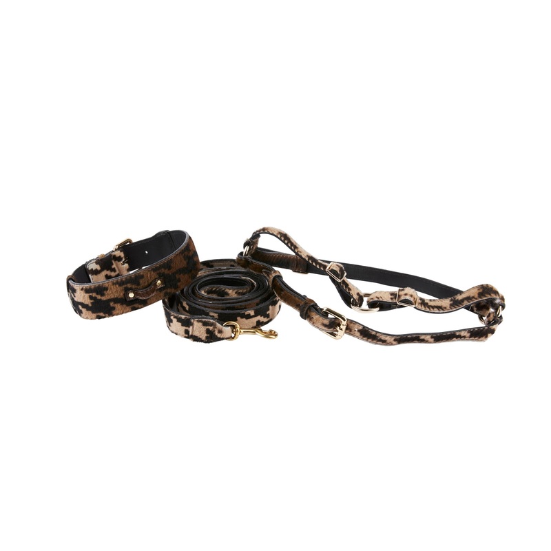 Houndstooth Hair On Hide On Hide Italian Leather Collar, Leash, Harness Set With Classic Hardware