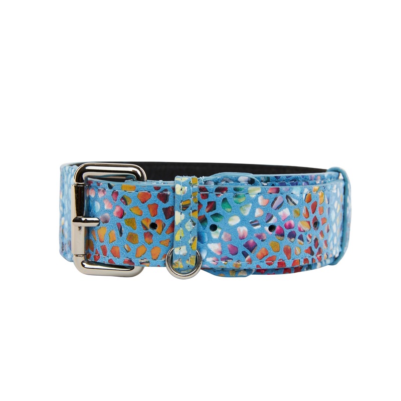 Luxury Pet Fashion Blue Floral Mosaic Italian Leather Collar