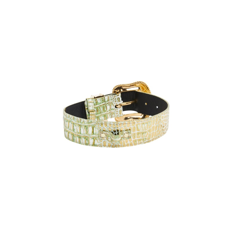 Luxury Pet Fashion Green/Gold Embossed Croc Italian Leather/Swarovski Crystal Collar