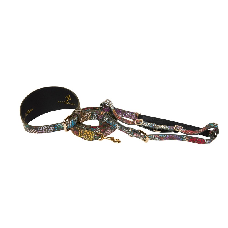 Olive Floral Mosaic Italian Leather 3 Wide Style Collar, Leash & Harness Set