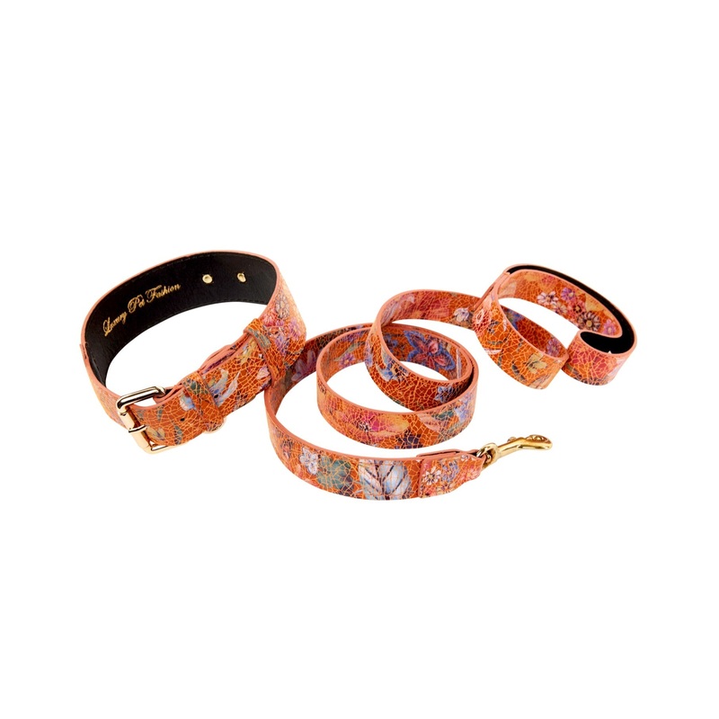 Orange Floral Italian Leather Classic Collar & Leash Set