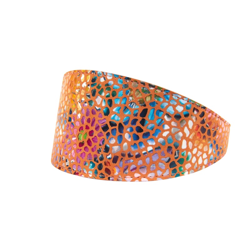 Orange Floral Mosaic Italian Leather 3 Wide Style Collar