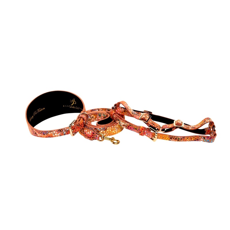 Orange Floral Mosaic Italian Leather 3 Wide Style Collar, Harness & Leash Set