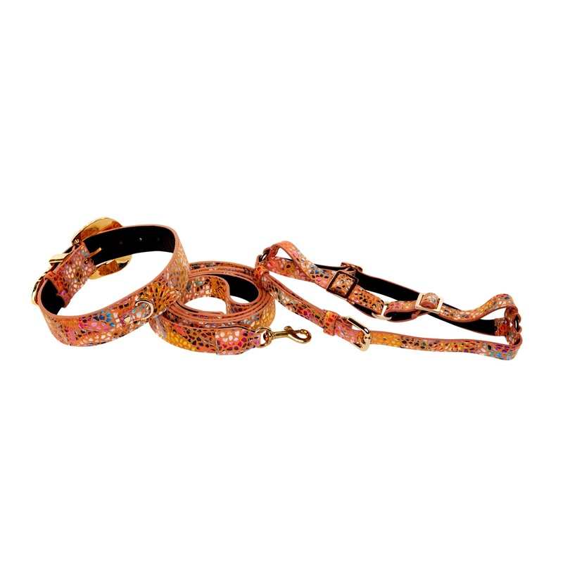 Orange Floral Mosaic Italian Leather/Ornate Swarovski Crystal Hardware Collar, Leash, Harness Set