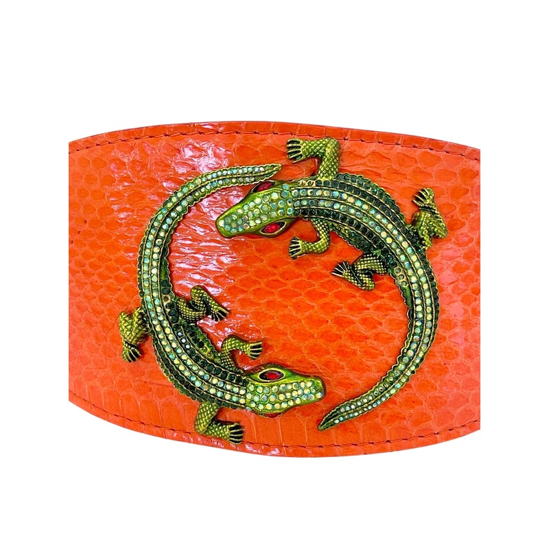 Orange Snake Collar With Green Rhinestone Alligators