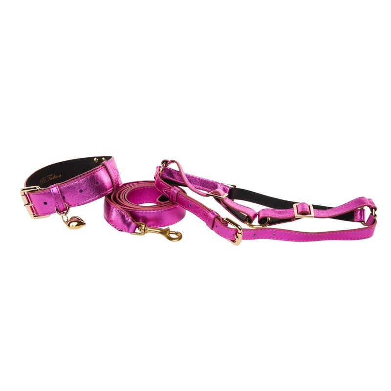 Pink Foil Italian Leather Reversible Heart Locket/Classic Collar, Leash, Harness Set