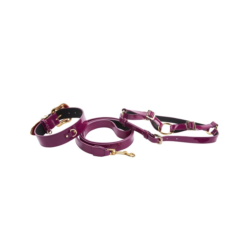Purple Patent Italian Leather/Swarovski Crystal Hardware Collar, Leash & Harness Set