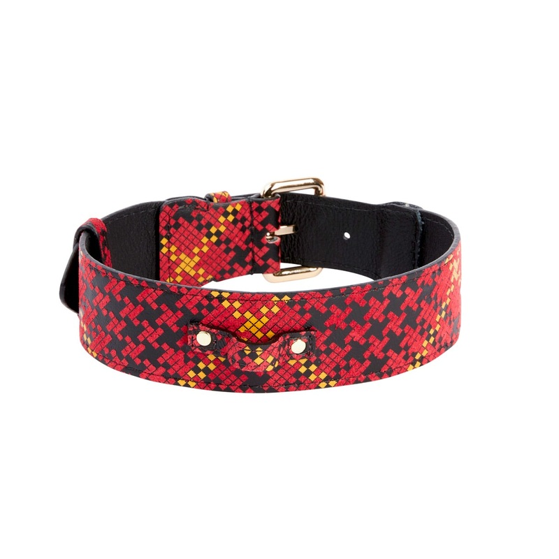 Red, Black & Yellow Elegant Plaid Italian Leather Collar With Gold Classic Hardware