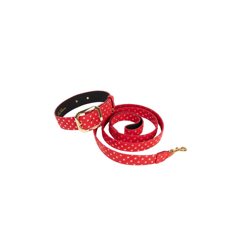 Red & Gold Polka Dot Italian Leather Collar With Modern Italian Hardware