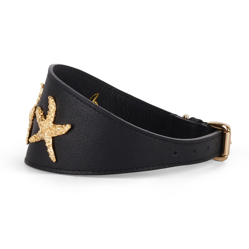 Smooth Black Italian Leather 3 Wide Style Collar With Gold Custom Starfish